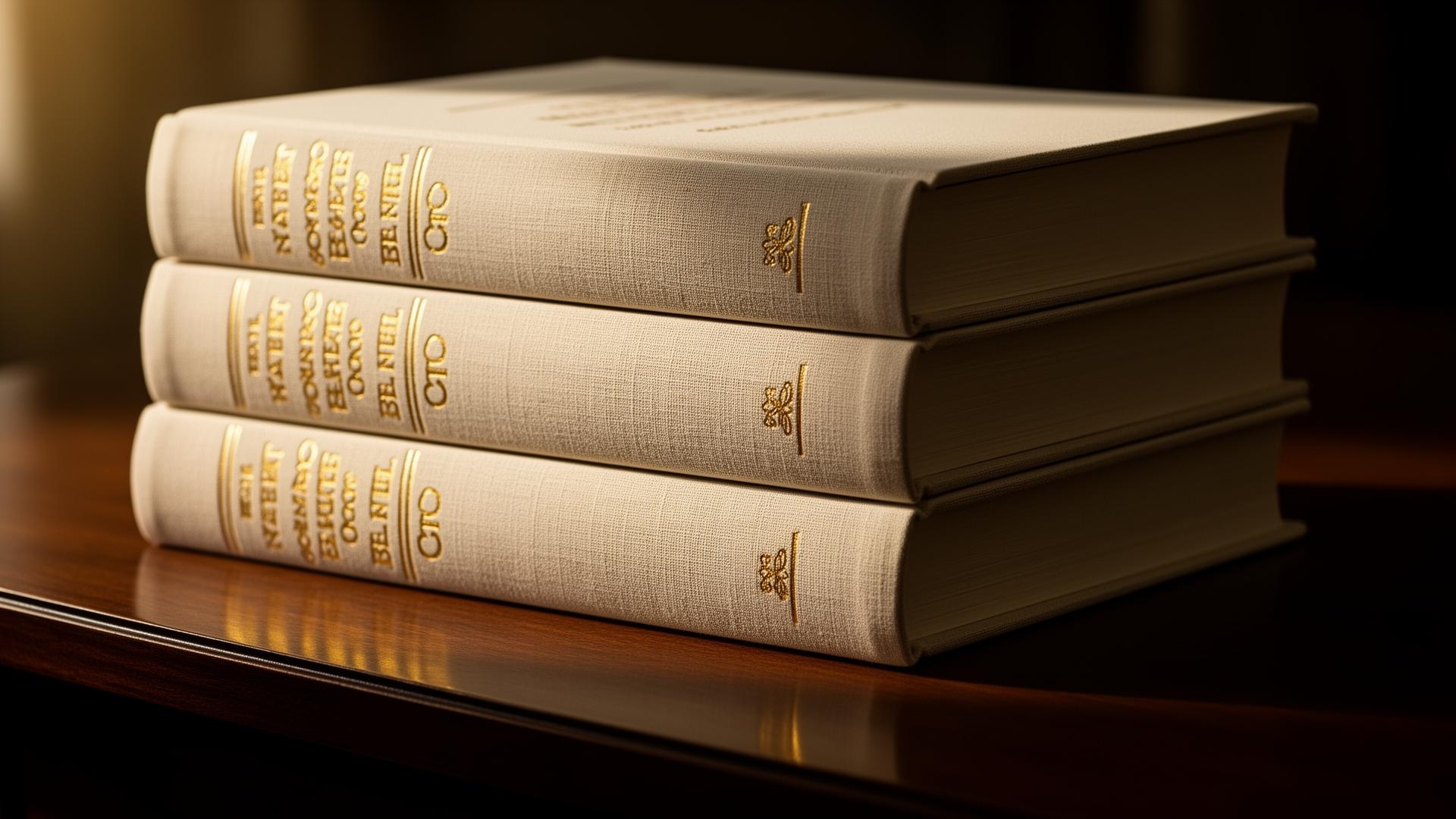 Stack of linen-bound hardcover books with gold foil lettering